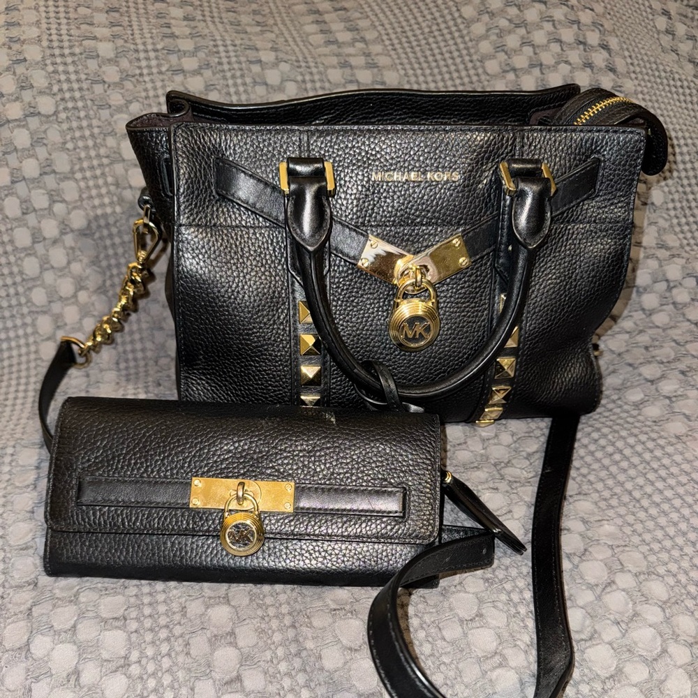 Michael Kors Black Satchel and Wallet Set with Gold Accents